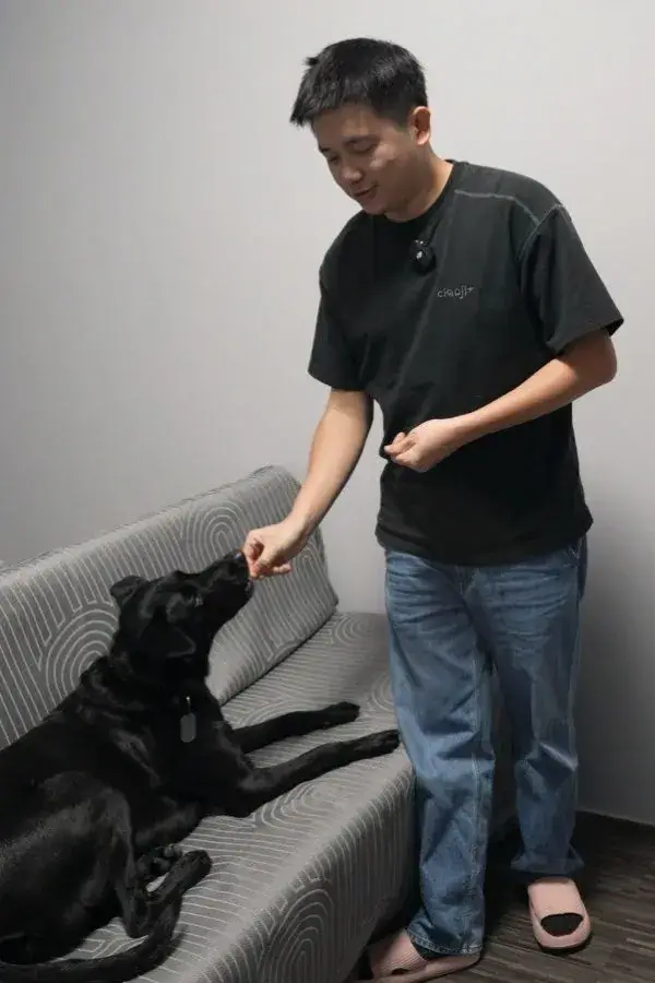 用狗狗零食訓練狗狗趴下的照片